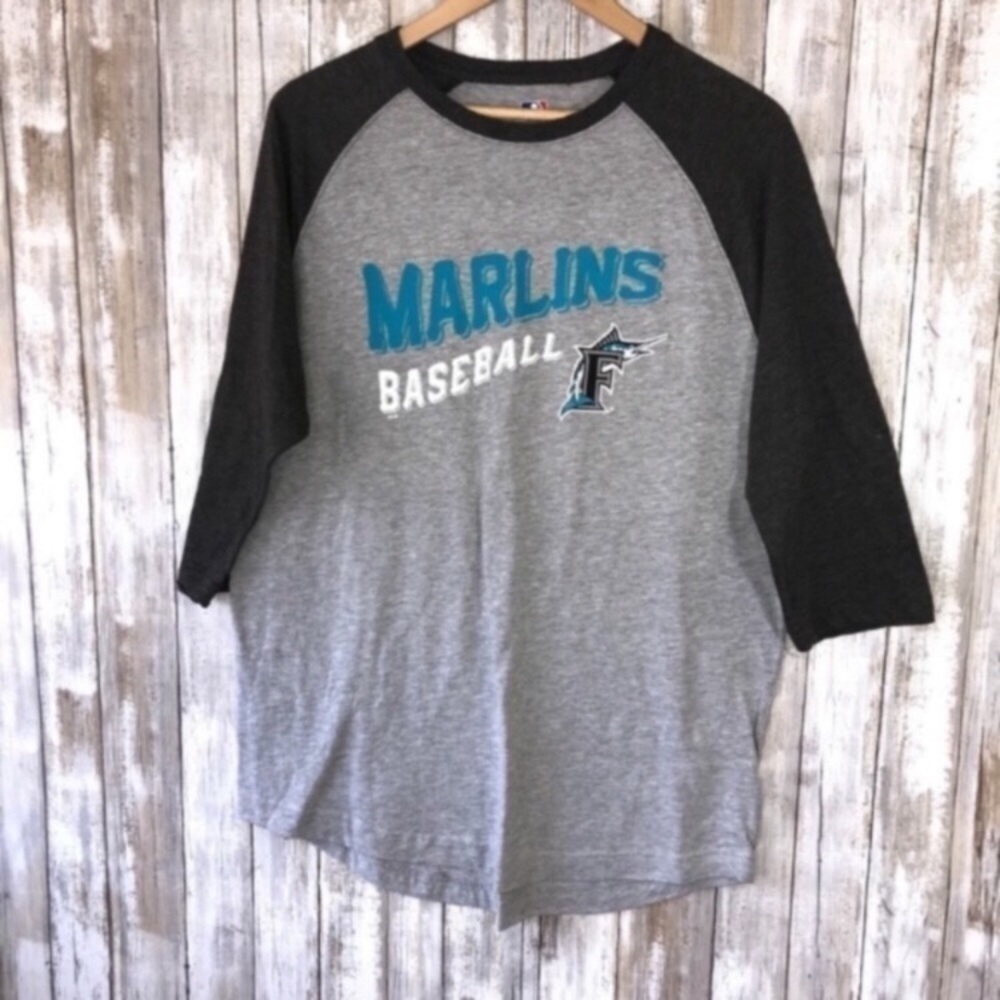 Miami Marlins Raglan Tee Womens L Gray 3/4 Sleeve MLB Baseball Shirt